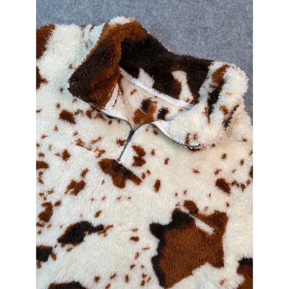 Sweaters - Cow‎ Print Quarter Zip Fleece Pullover Brown White Fuzzy Faux Fur Sweater
